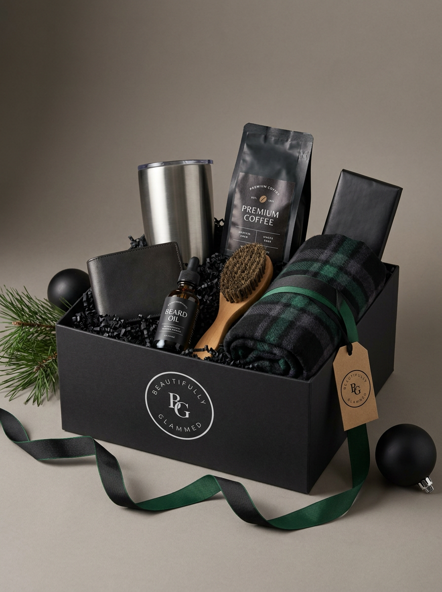 Holiday men's gift basket with Beautifully Glammed logo