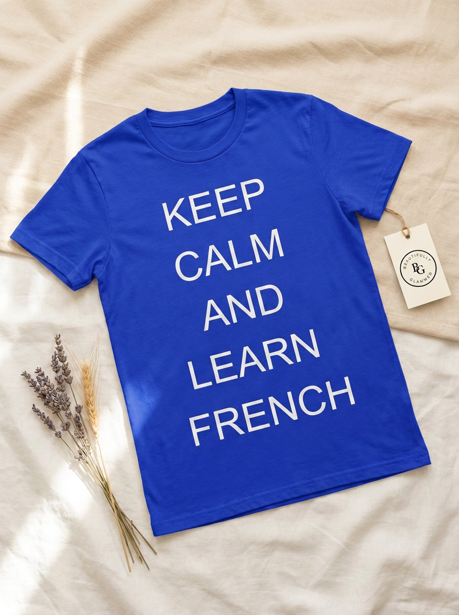 Custom printed Keep Calm and Learn French t-shirt with Beautifully Glammed hang tag